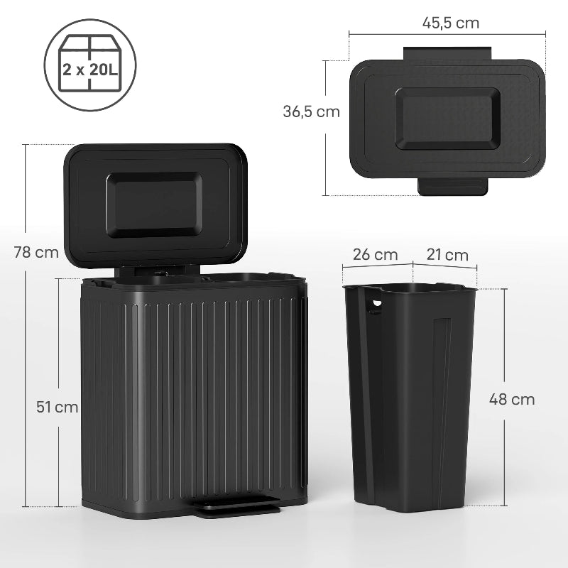 Dimension de la Poubelle double compartiment 2x20L noire