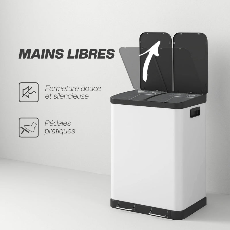 Le couvercle silencieux de la Poubelle à double compartiment 2x30L blanche