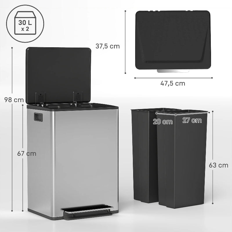 Dimension de la Poubelle double compartiment 2x30L en inox