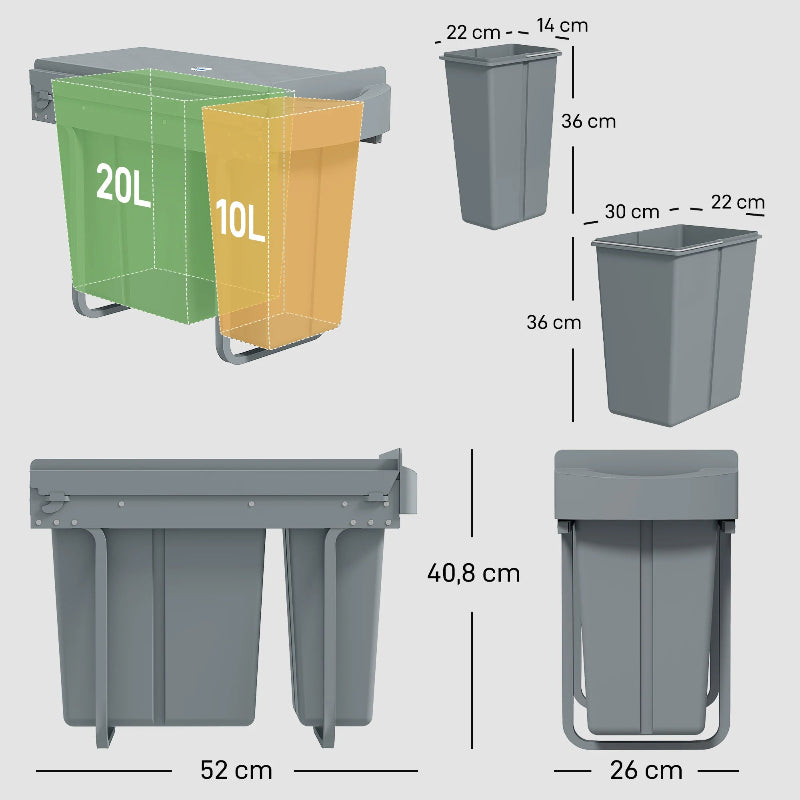Dimension de la Poubelle sous evier à 2 compartiments 30L