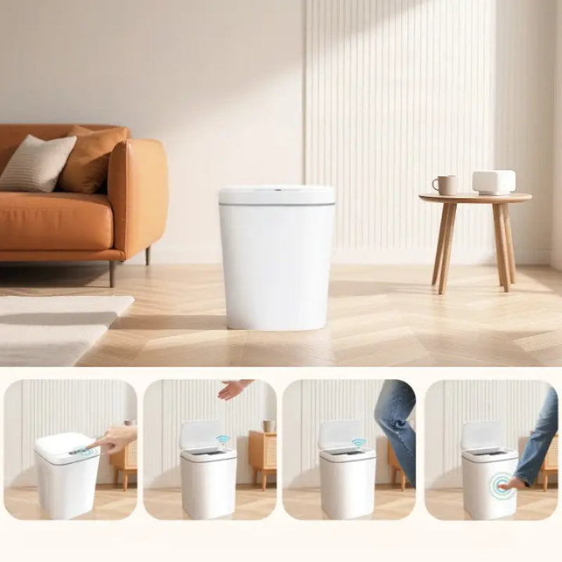 Différentes ouvertures de la Poubelle automatique blanche 12L
