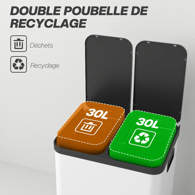 La capacité de la Poubelle à double compartiment 2x30L blanche