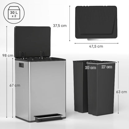 Dimension de la Poubelle double compartiment 2x30L en inox
