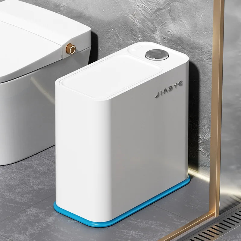 Poubelle salle de bain couvercle à pression bleue
