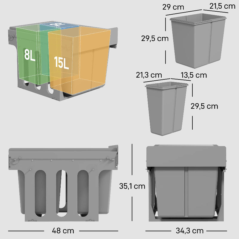 Dimension de la Poubelle sous evier à plusieurs compartiments 31L