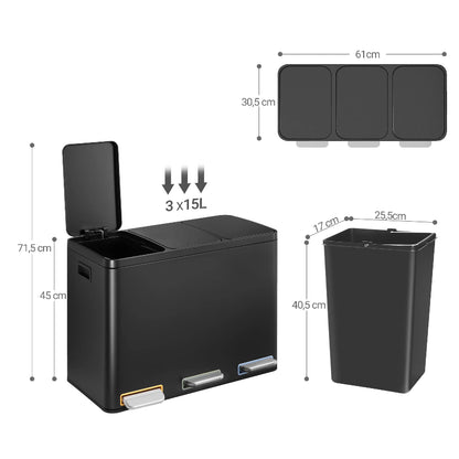 Dimension de la Poubelle à tri selectif 3 bacs noire