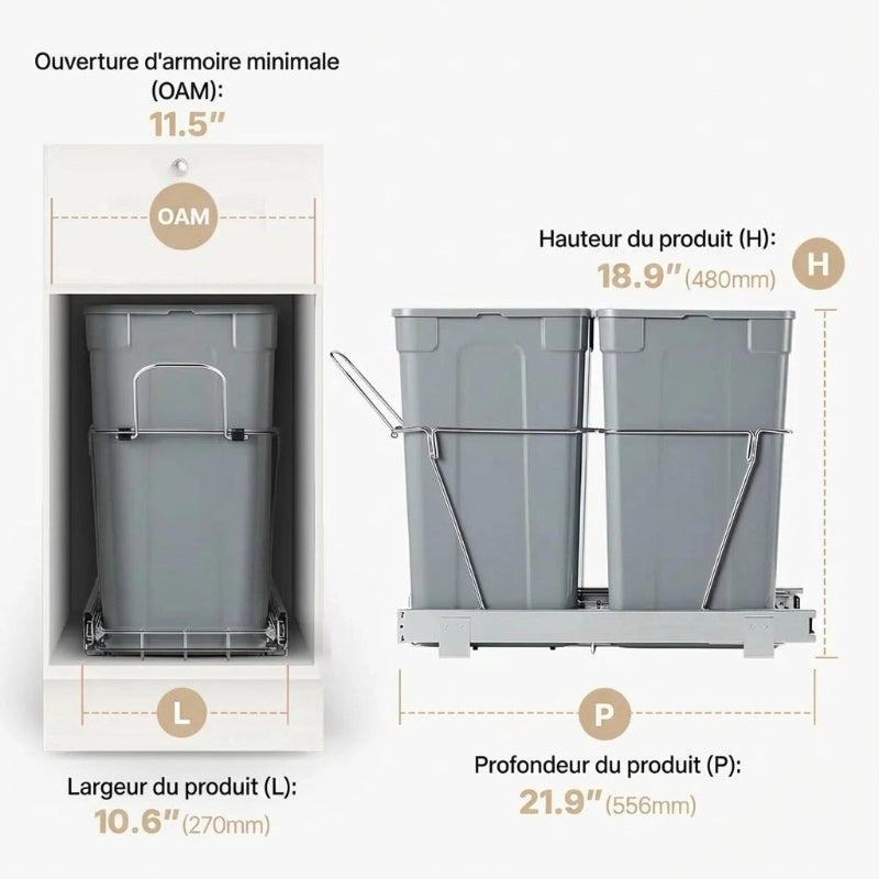 Dimension de la poubelle sous evier grise 50L